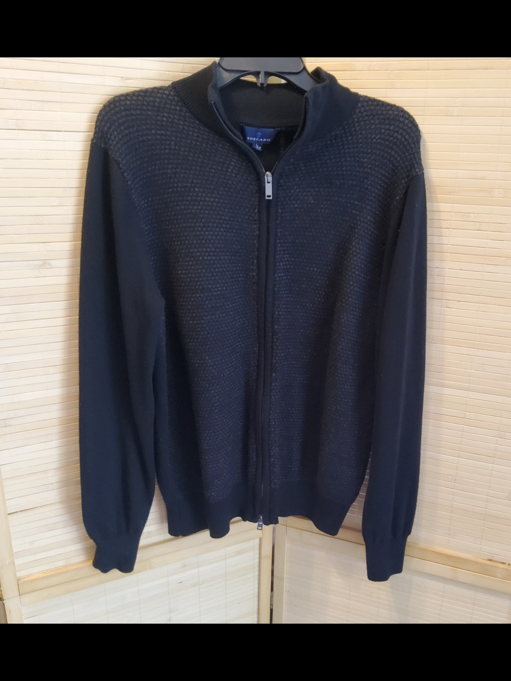 Men's Black Full-Zip Textured Sweater - Classic Stand Collar